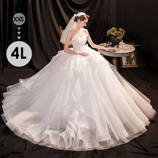 【送料無料】花嫁 ウェディングドレス べアトップドレス ハイウエスト フリル 小さいサイズ 大きいサイズ 着痩せ 結婚式 編み上げタイプ